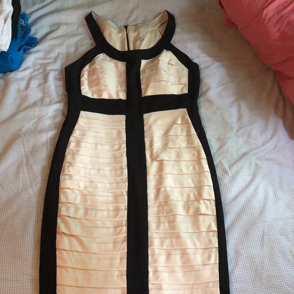 Cache bodycon black and off-white/cream dress with blocking